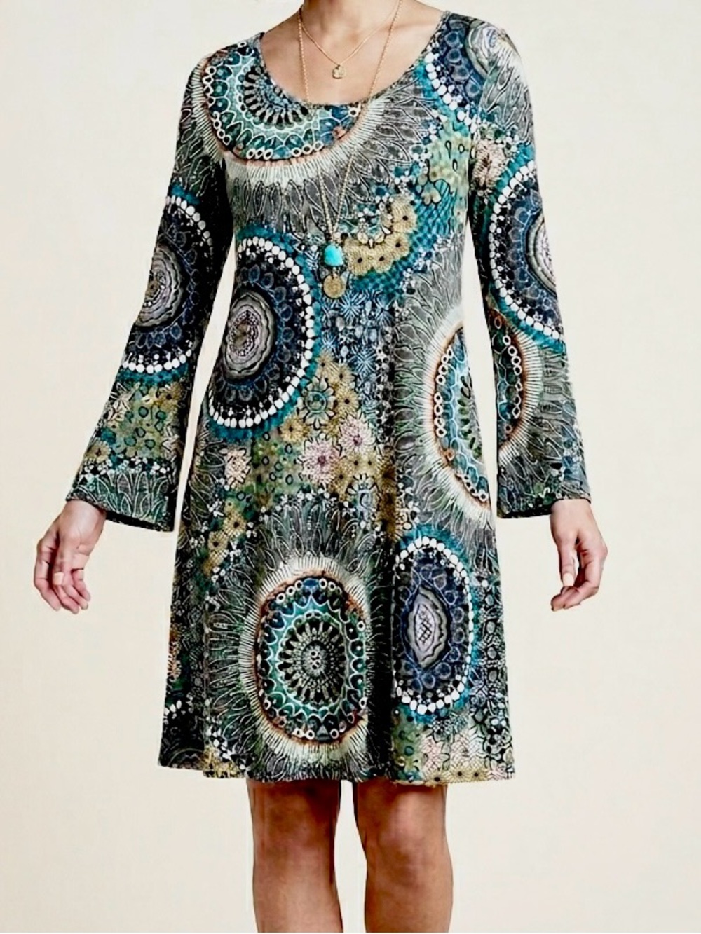 Salaam Lucy Teal Mandala Knit Tunic Dress Bell Sleeve Boho Vermont USA Medium